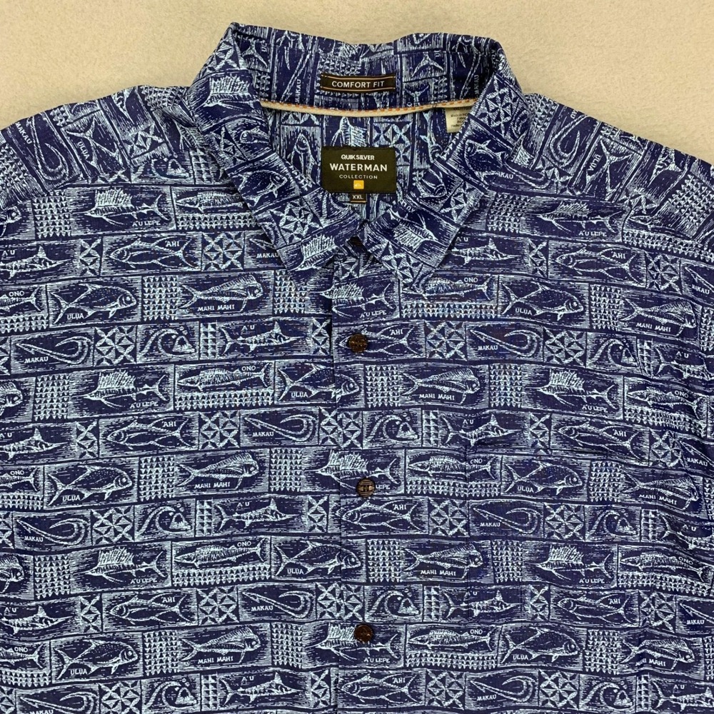 Quiksilver Waterman Shirt Mens XXL Blue Fish Tuna AOP Short‎ Sleeve Button Up
